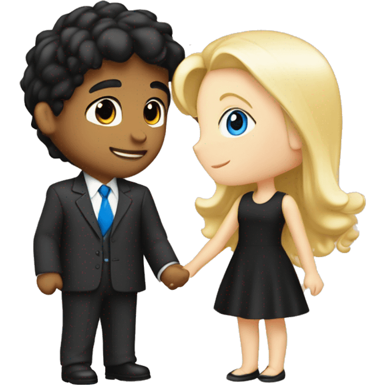 boy with black hair and blue eyes in suit kissing blond girl with hazel eyes with a cute black dress and both are white pale emoji