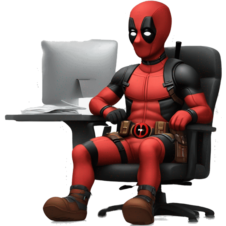 Cute Deadpool sitting at a desk, front view emoji