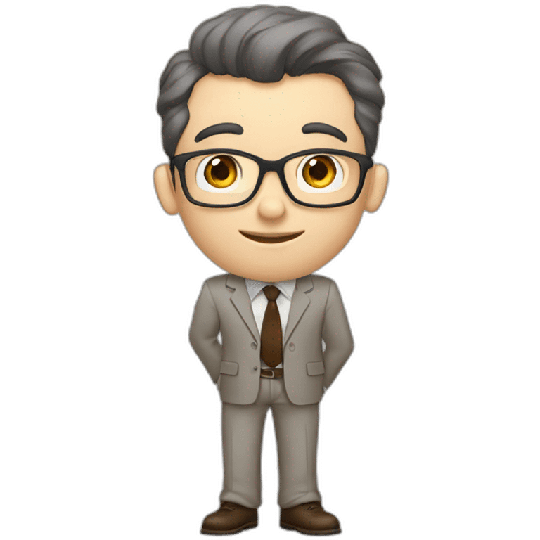 Pale skinned fit man with dark brown hair in gray jacket, beige office shirt, brown tie, brown pants and vintage glasses Writing on the flipchart emoji