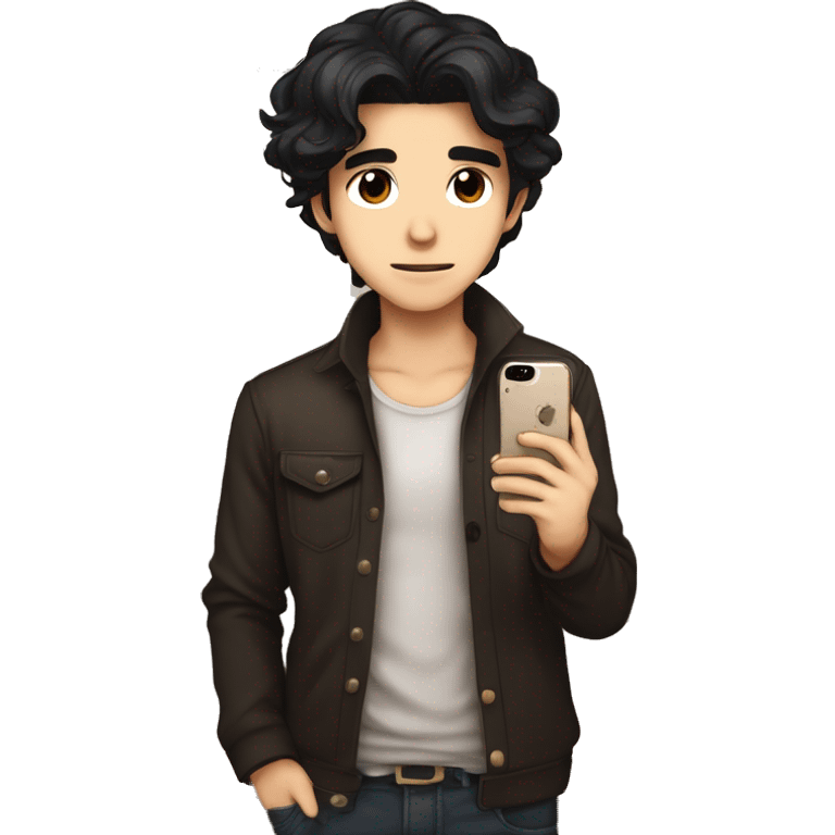 masterpiece,anime style,chibi,illustrated logo,medium short shot,twitch emote of a guy taking a picture with an iphone in front of a mirror,black hair,all brown skin,black shirt,hair half backcombed
 emoji