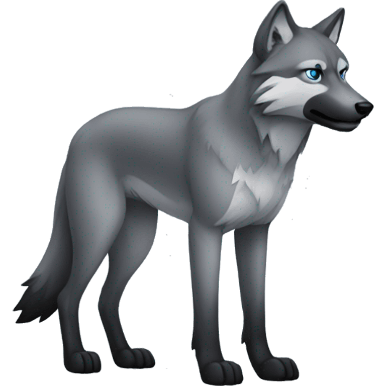 Full-body Grey wolf with black paws, black muzzle, black tail. with blue eyes. full body emoji