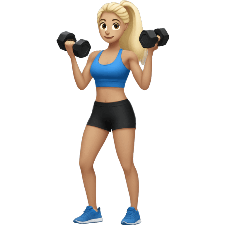 blonde woman working out with a black tank top and a blue shorts and she is holding a dumbell emoji