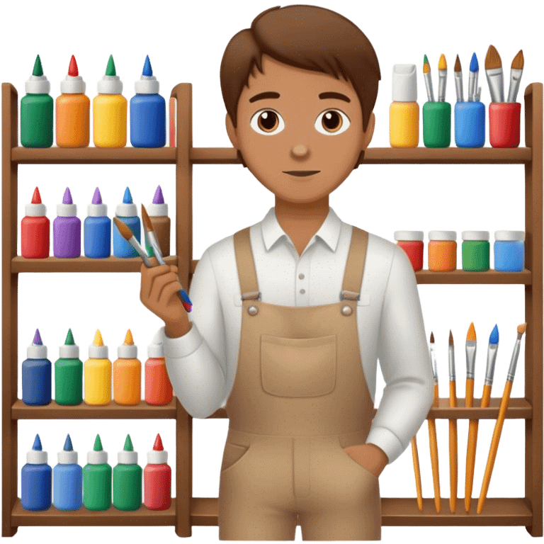 a white  salesman with brown hair standing next to a shelf where paints, brushes, and pencils are placed emoji