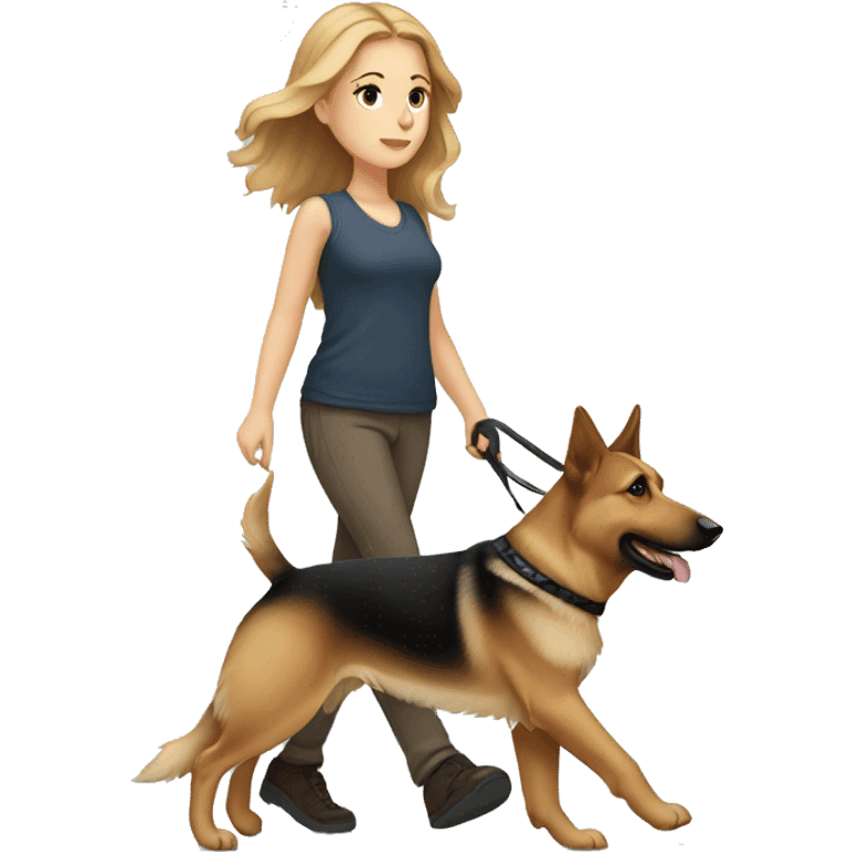 white girl with light brown hair walking a german shepherd dog  emoji