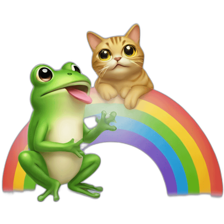 Frog holding a cat pooping a rainbow emoji