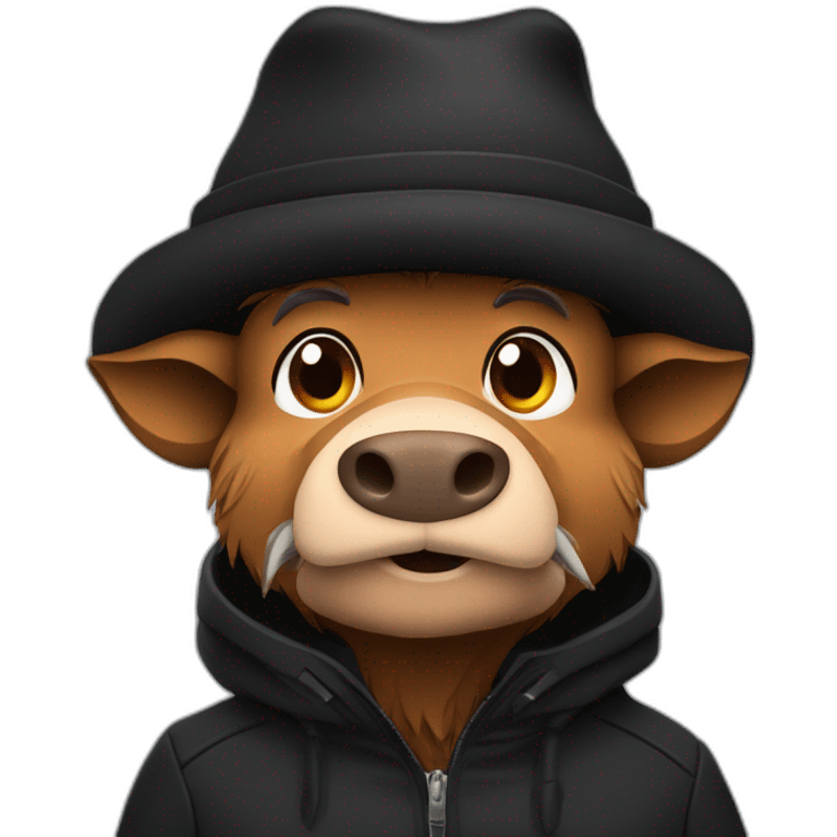 fullface wild tired brown boar with stubble in a black jacket and a black winter hat emoji