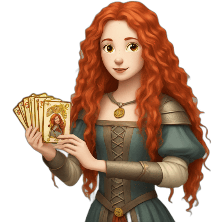 a red long haired girl from the middle ages with a deck of tarot cards emoji