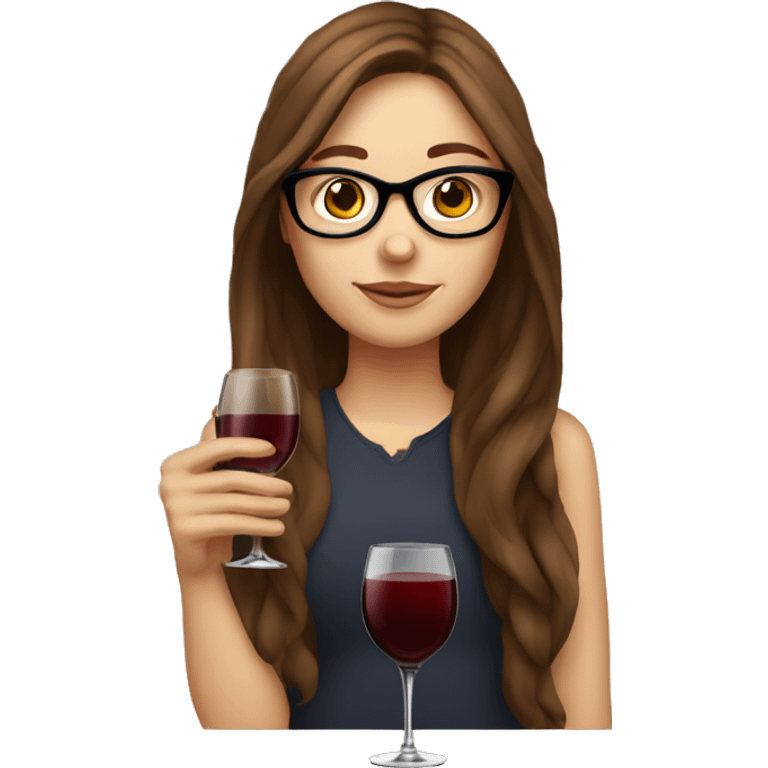 White girl with long brown hair and glasses drinking a glass of wine  emoji