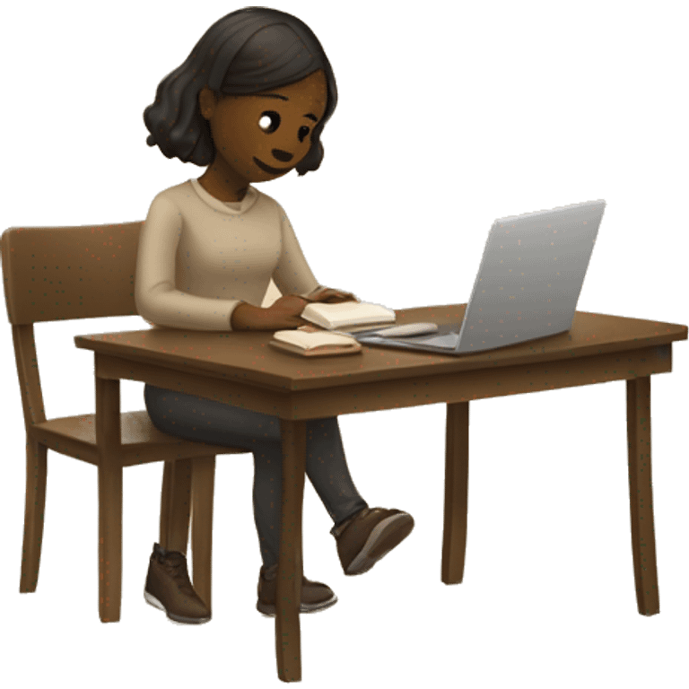 A girl at a table with a laptop. A a cup of coffee on the left side of the table. Books on the right side of the table. in beige tones emoji