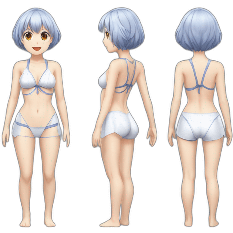 realistic full body rei ayanami nue short hair teen back and front views bikini emoji