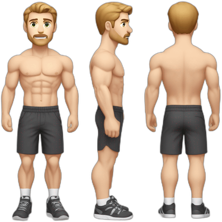 Full height Pale skinned muscular man With Realistic eyes and mouth, light brown hair and stubble In dark gray sleeveless mike, black oversize sports shorts, watch and white sneakers. emoji