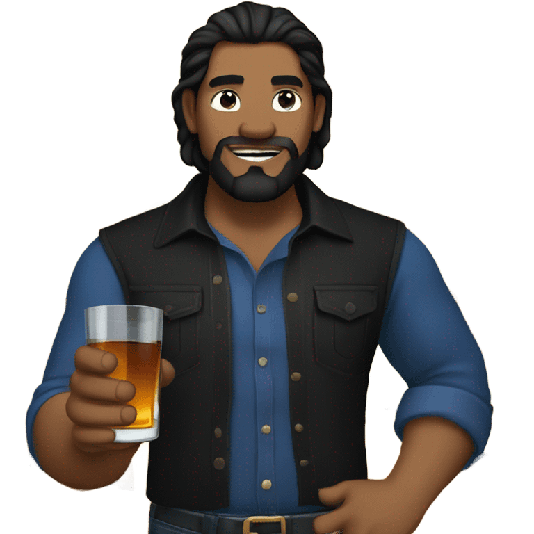 julian trailer park boys (bulky man with longer black hair, a black goatee, a black shirt, blue jeans, blue eyes, and a shot glass of whiskey) emoji