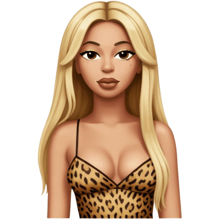 Beyoncé with very long straight blond hair and spaghetti strap leopard dress, mouth shut, eyes rolled up and left emoji