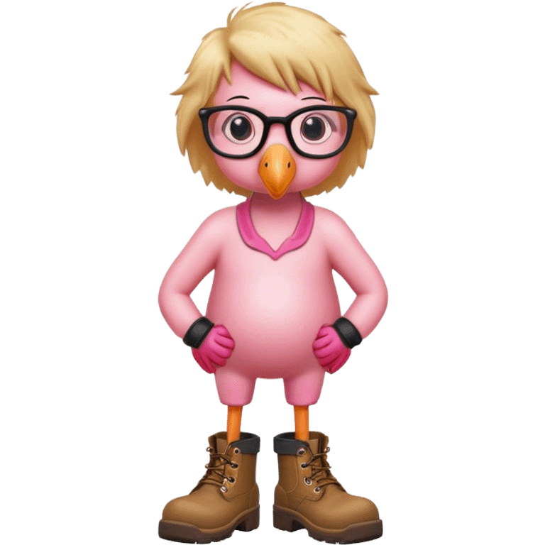 Flamingo with work boots and bushy blond hair and eye glasses emoji