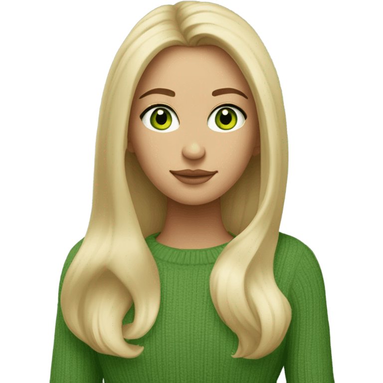 blonde girl with green eyes, smooth skin, sweater, long blow out hair, baddie, middle part emoji