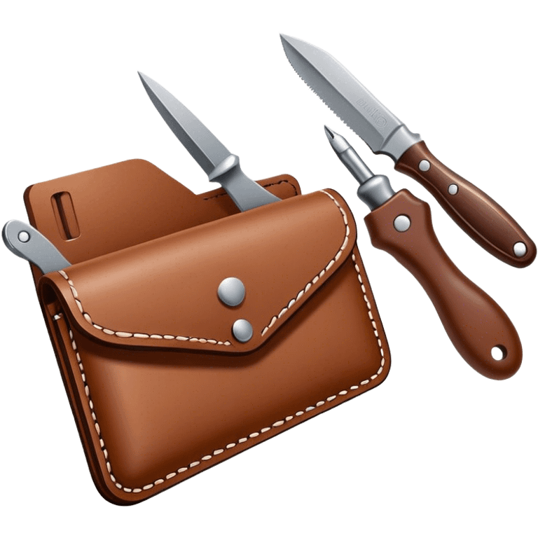 Leatherworking icon, raw leather being crafted into a leather wallet or belt, professional tools like stitching awl, rotary cutter, mallet, pricking iron, minimalistic style, clean lines, transparent background. emoji