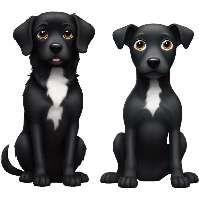 Black dog with white spotty legs  sitting next to another bigger black dog with white legs emoji