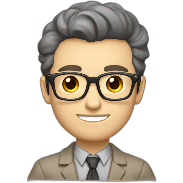 Pale skinned Fit Man With dark brown hair in gray jacket, beige office shirt, Brown pants and vintage glasses sitting In a soft chair with a notebook with emblem Ψ and a pen in his hands emoji