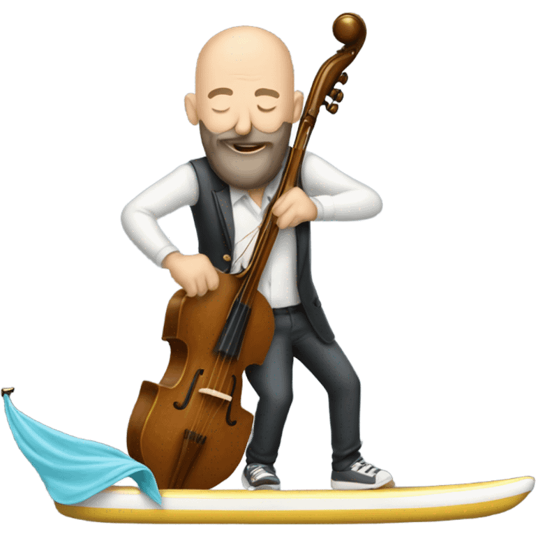 a bald man with a beard on a surfboard playing trombone  emoji