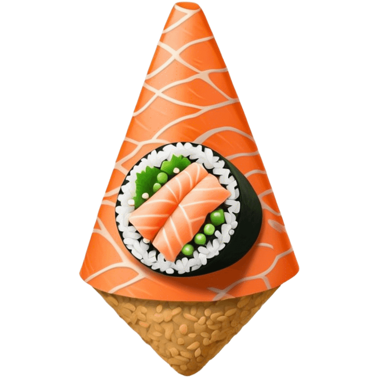 Temaki, japan food in a inverted cone, black with salmon on top emoji