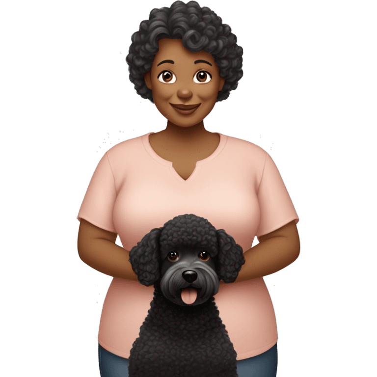 50 year old chubby woman with 03 dogs being a black poodle, a big ear caramel and a baby shorthair caramel emoji