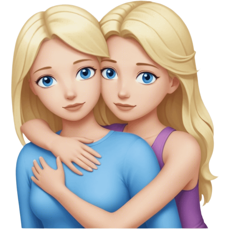 Cinematic realistic blonde with blue eyes hugs another blonde girl from behind emoji