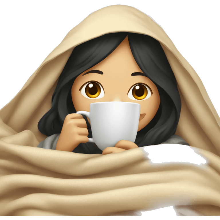 Asian girl inside a blanket sipping coffee eyes closed black hair emoji