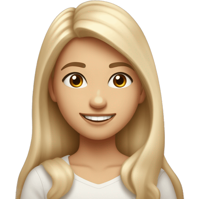 a girl, heart-shaped face with high cheekbones and a slightly pointed chin, almond-shaped brown eyes framed by long natural eyelashes. 
Arched eyebrows, medium density, long light blond hair, wide smile showing teeth, joyful and expressive face emoji