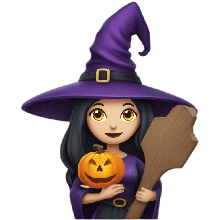 A traditional witch holding a wooden Halloween sign emoji