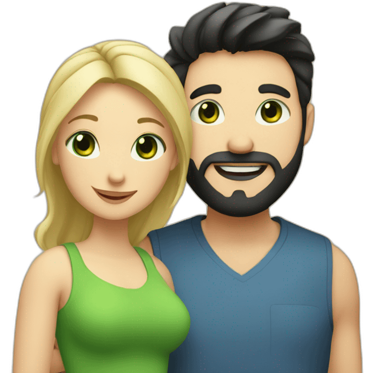 A happy couple, blond chubby girl with blue eyes and black haired and bearded man with green eyes emoji