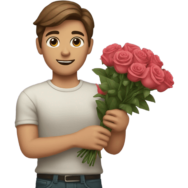 guy with brown hair holding bouquet of roses emoji