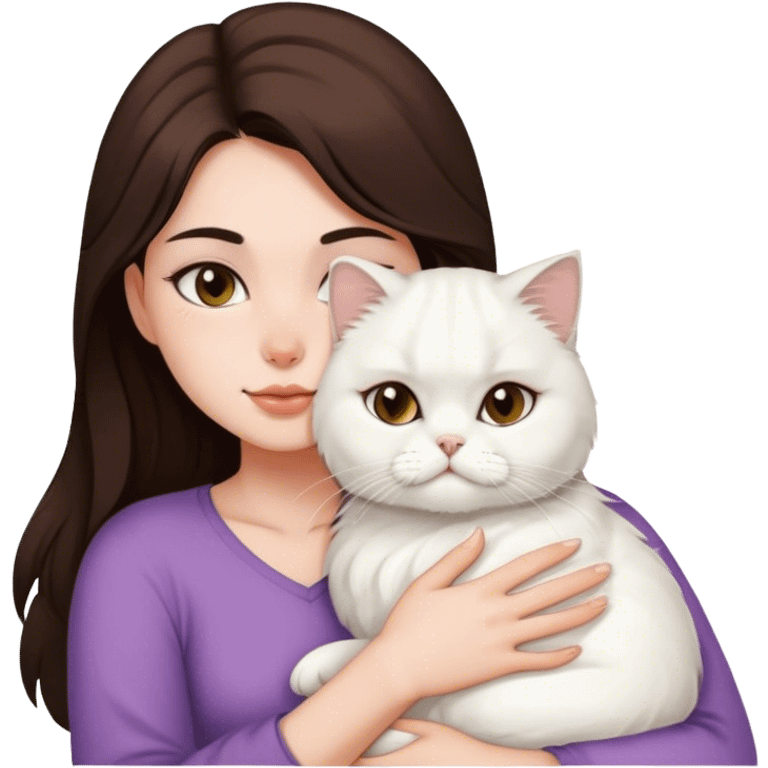 Brunette girl snuggling white Persian cat emoji