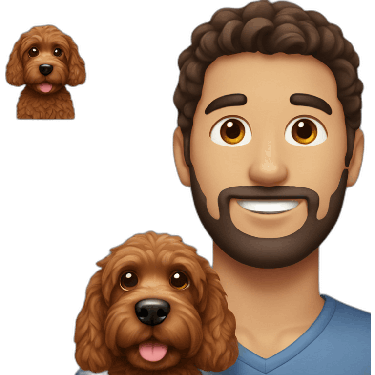 guy with dark brown hair holding red goldendoodle emoji