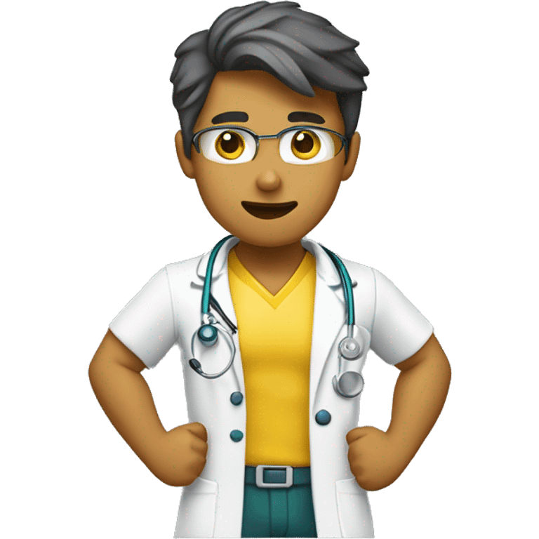 young male doctor flexing one of his biceps, yellow skin, using 2 colors: #ff9800 and #32b5a5 emoji