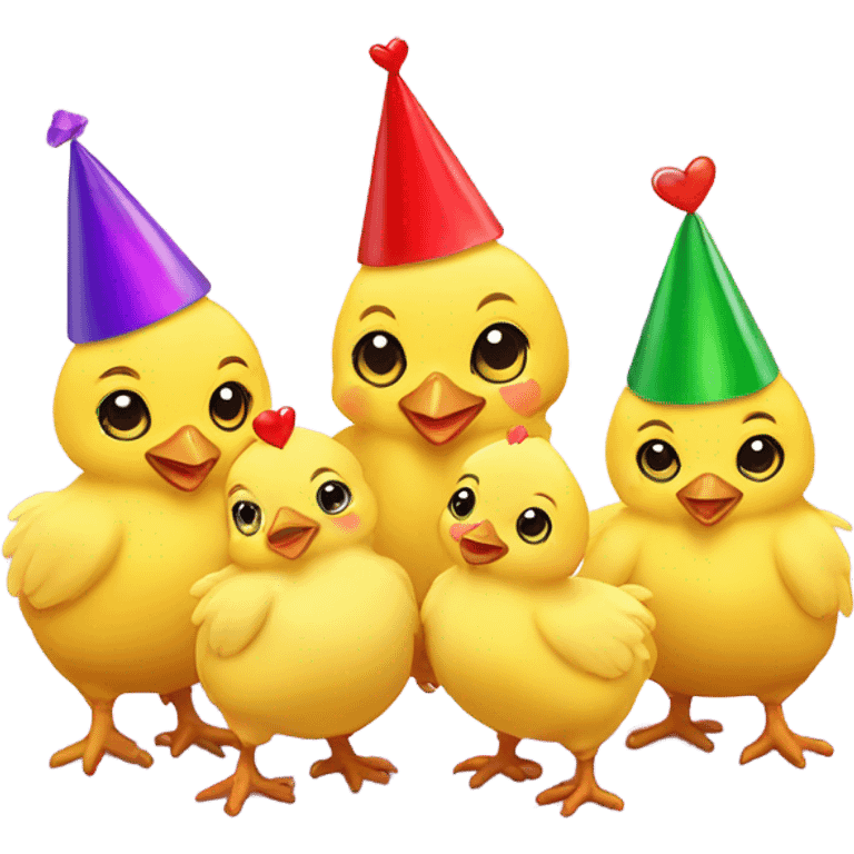 4 baby yellow chickens, wearing party hats and a heart  emoji