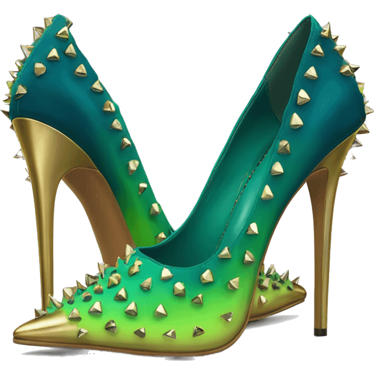 Hyper-realistic top front view of a pair of lime green to dark teal blue ombre pointed toe high heels with gold studs over them. emoji