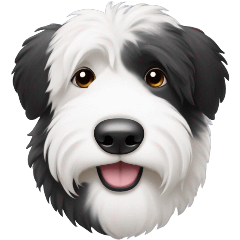 Old English sheepdog with a half and half face like a black (right side) and white (left side) cookie emoji