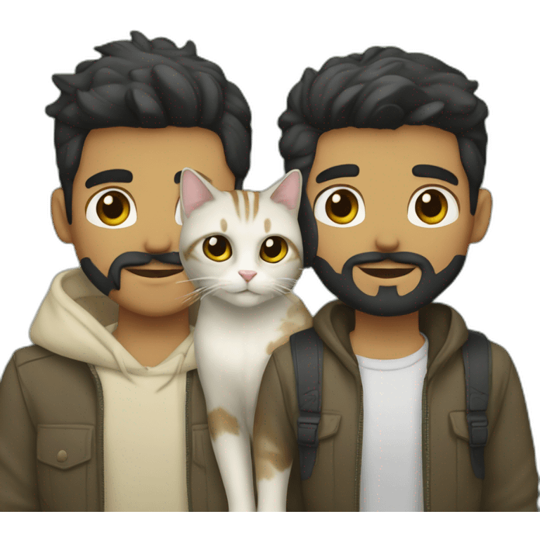 Gay male couple Latino Black hair and beard male and Australian blonde hair male , with a cat in the middle emoji