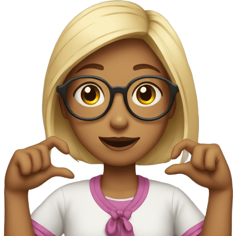 A girl wearing glasses making a heart with her hands emoji