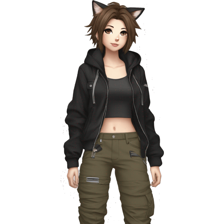 Edgy cool shy beautiful pretty anime punk tomboy with cat ears techwear cargo pants hoodie brown hair emoji