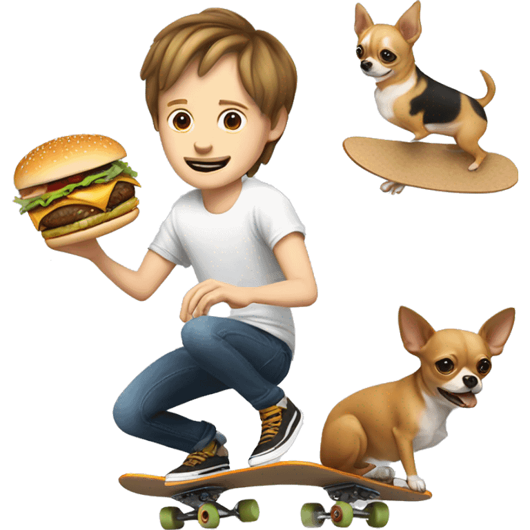 Pale white guy with straight shorter brown hair, eating a burger whilst doing a trick on a skateboard, with a chihuahua emoji