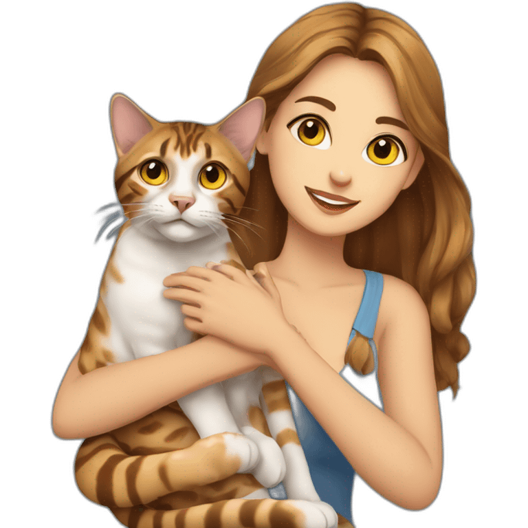 a beautiful girl with blue eyes and brown hair is holding a Bengal cat with yellow eyes in her arms emoji