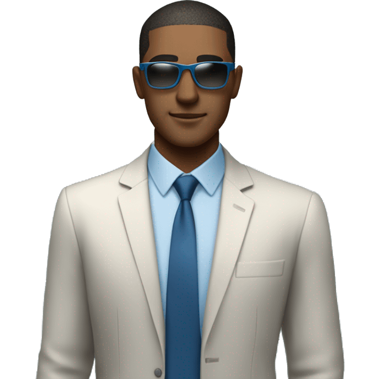 Square face, sharp features, clean-shaven, and a confident, relaxed expression. Wears a blue shirt and tie with sunglasses, standing casually by the water, giving off a stylish and modern vibe. emoji