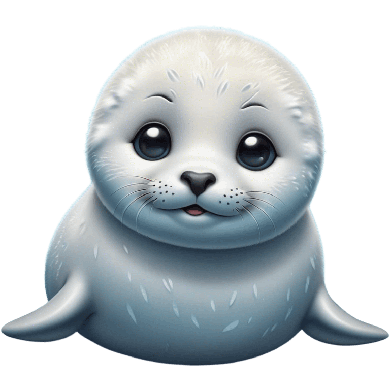 Cinematic Cute Baby Seal Portrait Emoji, Head tilted playfully and inquisitively, featuring a charming, pudgy body with velvety, damp fur, oversized round eyes brimming with innocent wonder, and a soft, cuddly face, Simplified yet irresistibly adorable features, highly detailed, glowing with a warm, frosty glow, high shine, affectionate and lively, stylized with a touch of whimsical polar magic, soft glowing outline, capturing the essence of a mischievous yet loving baby seal that seems as if it could waddle out of the screen into your arms! emoji