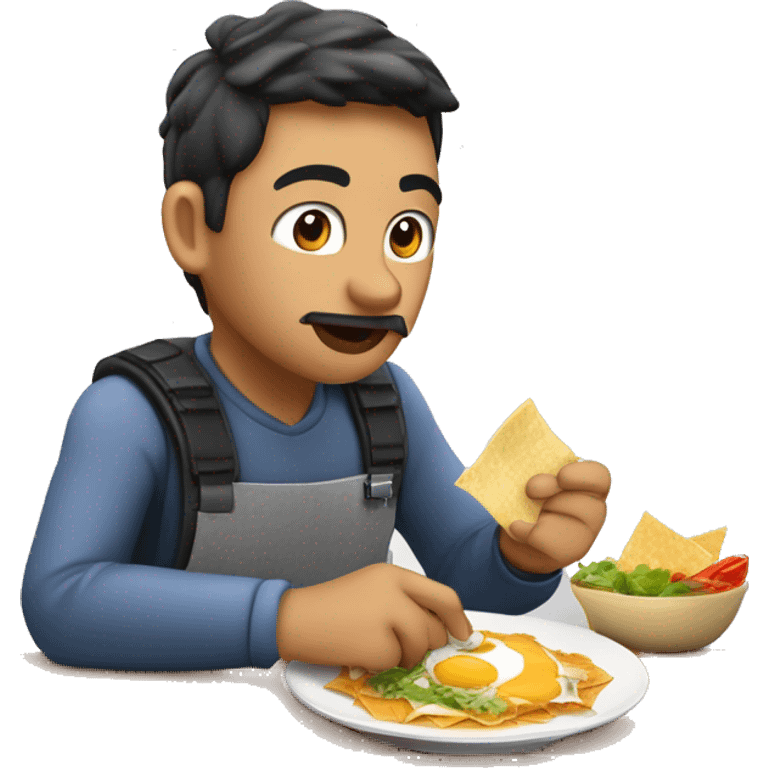 Delfín estudiante de bachillerato comiendo chilaquiles en un puesto de comida callejera mexicana emoji