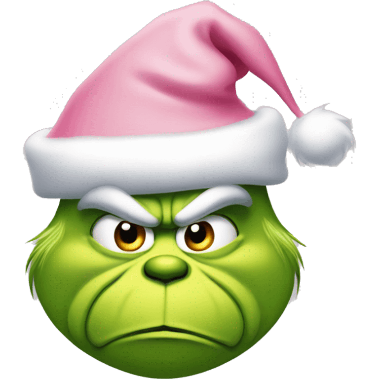 grinch face with a frown wearing a light pink santa hat emoji