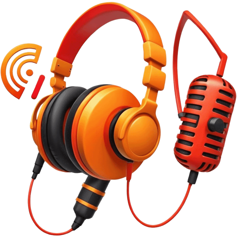 Create a dynamic and creative emoji that represents voiceover and dubbing. The design should feature a microphone, a pair of studio headphones, and sound waveforms to symbolize the recording and manipulation of voice. Add subtle details like a film reel or a speech bubble to represent the dubbing aspect. Use vibrant colors like orange, red, or purple to evoke energy and creativity in voiceover work. The background should be transparent. emoji