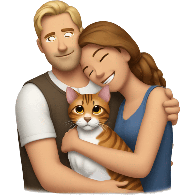 A man hugs a brown-haired woman and a bengal cat emoji