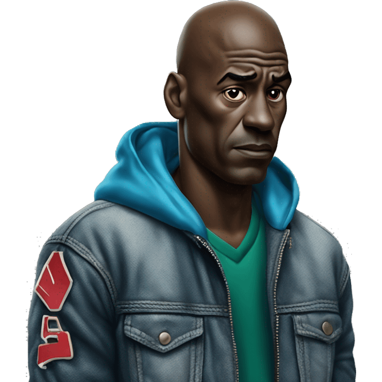 Michael Jordan in a jacket holds his head and is sad photorealistic serious emoji