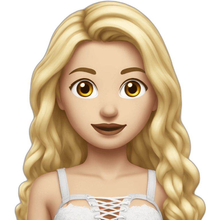 hyperrealistic caucasian blonde female, long straight hair, white lace-up crop top, tight grey mini skirt, full view emoji